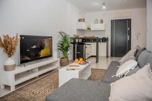 a living room with a gray couch and a tv at Apartamenty Rejtana in Leszno