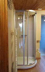 a glass shower in a room with a wooden ceiling at Gîte Montrias in Cerfontaine