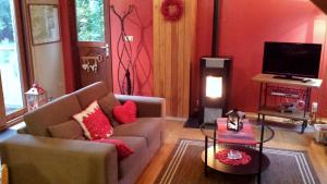a living room with a couch and a television at Gîte Montrias in Cerfontaine