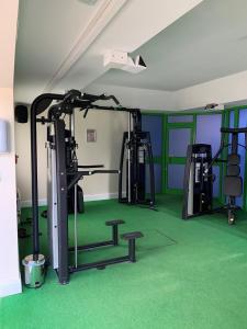 a gym with several tread machines and green carpet at Best Western Ipswich Hotel & Spa in Ipswich
