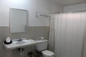 La salle de bains est pourvue de toilettes, d'un lavabo et d'un miroir. dans l'établissement Hotel El Cid, à Mérida