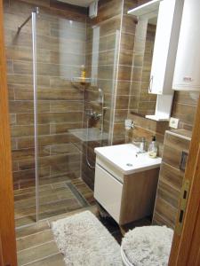 bagno con doccia, lavandino e servizi igienici di Apartman Magic Zlatibor-Čajetina a Čajetina