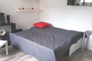 - un lit avec un oreiller rouge dans l'établissement Logement entier Saint brieuc centre, à Saint-Brieuc