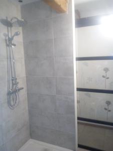 uma casa de banho com um chuveiro e uma porta de vidro em Domaine du clos henri em Essay