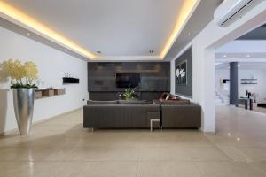 een woonkamer met een bank en een tv bij Bella Foresta Villa in Ialyssos