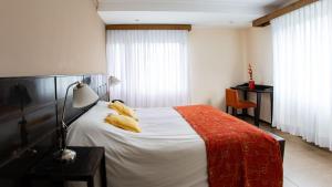 ein Schlafzimmer mit einem Bett, einer Lampe und einem Schreibtisch in der Unterkunft Hotel Poincenot in El Chalten