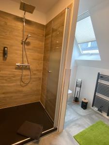 y baño con ducha y puerta de cristal. en my inn, en Chemnitz