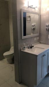 La salle de bains est pourvue d'un lavabo, d'un miroir et de toilettes. dans l'établissement Hotel Flamingo, à Ciudad Juárez
