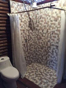 y baño con ducha, aseo y cortina de ducha. en Eco Guest House- Sarapiquí 2, en Sarapiquí