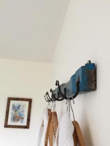 a blue camera hanging on a wall with hangers at The Lambing Shed in Dunvegan