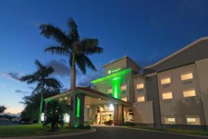 een palmboom voor een gebouw met groene lichten bij Holiday Inn Reynosa Industrial Poniente, an IHG Hotel in Reynosa