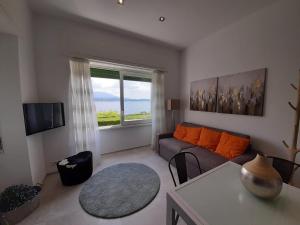 a living room with a couch and a window at BMP APARTMENT GIOIOSA 2 giardino vista Lago Maggiore in Belgirate
