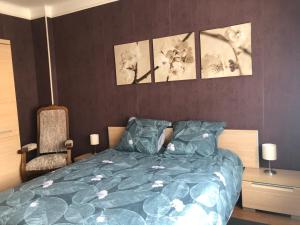 a bedroom with a bed with a blue comforter at Couleur Framboise in Longwy