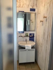un bagno con lavandino e specchio di Logis Hôtel Restaurant La Borie a Saint-Geniès