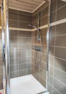 um chuveiro na casa de banho com azulejos castanhos em Lacs de l'eau d'heure Chez Oma em Cerfontaine