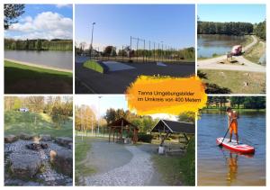 a collage of pictures with a man on a paddle board at Haus am See - KEK1 in Tanna