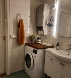 a small kitchen with a washing machine and a sink at Gällared 710 - Bed & Kitchen in Ullared