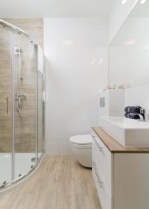 un bagno con doccia, WC e lavandino di Apartamenty Lambert Ustronie Morskie a Ustronie Morskie
