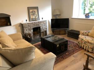 a living room with a couch and a fireplace at Hollybush cottage in Abergavenny