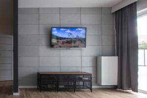 a living room with a tv on a wall at Longinus Apartament in Bolesławiec +12 photos