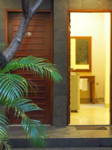 a door to a house with a palm tree next to it at Rhiz Guest House Tebet in Jakarta