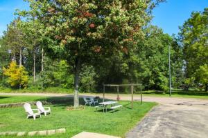 a park with chairs and a picnic table under a tree at Sleep Inn in Antigo