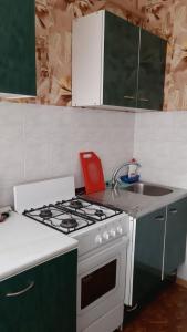 cocina con fogones blancos y fregadero en 1 комн.Центр,Ж/Д Вокзал, en Volgograd