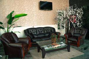 Hotel Zeleni Vir في نيشْ: غرفة معيشة مع كرسيين جلديين وطاولة