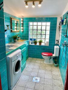 bagno blu con lavatrice e servizi igienici di Bohemian weekendhouse at lake Balaton a Diskahegy