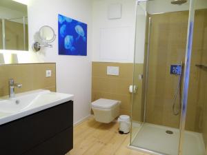 a bathroom with a shower and a toilet and a sink at Speicher Residenz Barth E4 App 7 in Barth