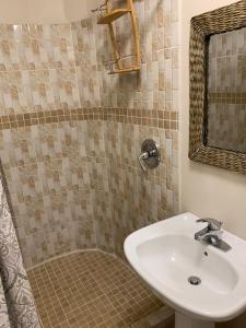 a bathroom with a sink and a shower at The Bambu Room at Casa of Essence located in heart of Old San Juan in San Juan