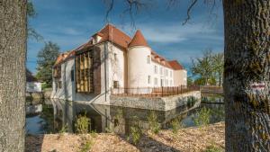 a house on a river with a reflection in the water at Château du Bost - Teritoria in Bellerive-sur-Allier