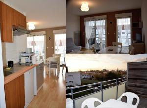 - deux photos d'une cuisine et d'un salon dans l'établissement Les terrasses de Mirande, à La Rochelle