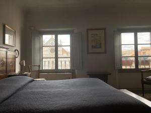 a bedroom with a bed and two windows at ATTICO IN PIAZZA SANTA CROCE in Florence +2 photos