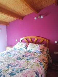 a bedroom with a bed with a pink wall at Dúplex Vallespín in Avila