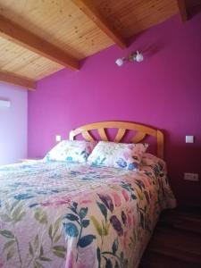 een slaapkamer met een bed met een paarse muur bij Dúplex Vallespín in Avila