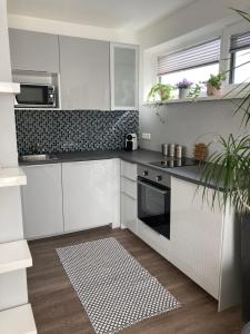 a white kitchen with white cabinets and a plant in it at Kal's Studio Apartment Salzburg in Salzburg