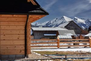 a wooden barn with snow covered mountains in the background at Chatka u Górala in Jurgów