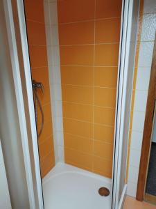 a shower in a bathroom with orange tile at Apartmány u Hastrmana in Vyšší Brod