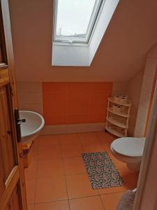a bathroom with a sink and a toilet and a window at Apartmány u Hastrmana in Vyšší Brod
