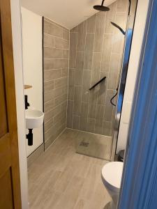 a bathroom with a shower and a toilet and a sink at The Colintraive in Colintraive