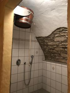 a shower in a bathroom with a bucket at Altstadtmeise Rustika in Meisenheim +49 photos