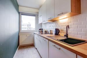 una pequeña cocina con fregadero y ventana en AlsaceTime, CENTRE Parking gratuit, TRAM WIFI, Fibre Orange, espace de travail en Estrasburgo
