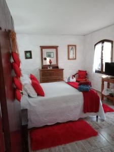 a bedroom with a large white bed with red pillows at Chalé pinheiro velho in Monte Verde