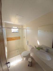 a white bathroom with a toilet and a sink at Pousada Villa Serrana in Bom Jardim da Serra +42 photos