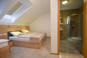 1 dormitorio con 1 cama y baño con ducha en HOTEL BARON, en Smlednik