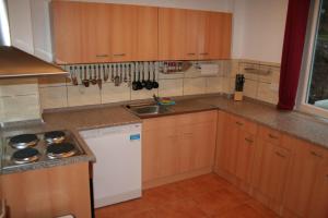 a small kitchen with wooden cabinets and a sink at Haus-Maria-Magdalena in Bad Lauterberg