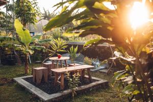 una mesa de picnic y un banco en un jardín en Villa Nextdoor Nature Yogyakarta en Bantul