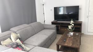 a living room with a couch and a tv at Cosy apartment in Kato Paphos with pool access in Paphos City