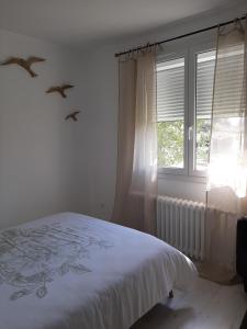 een witte slaapkamer met een bed en een raam bij CHAMBRE CHEZ L'HABITANT in Saint-Vallier